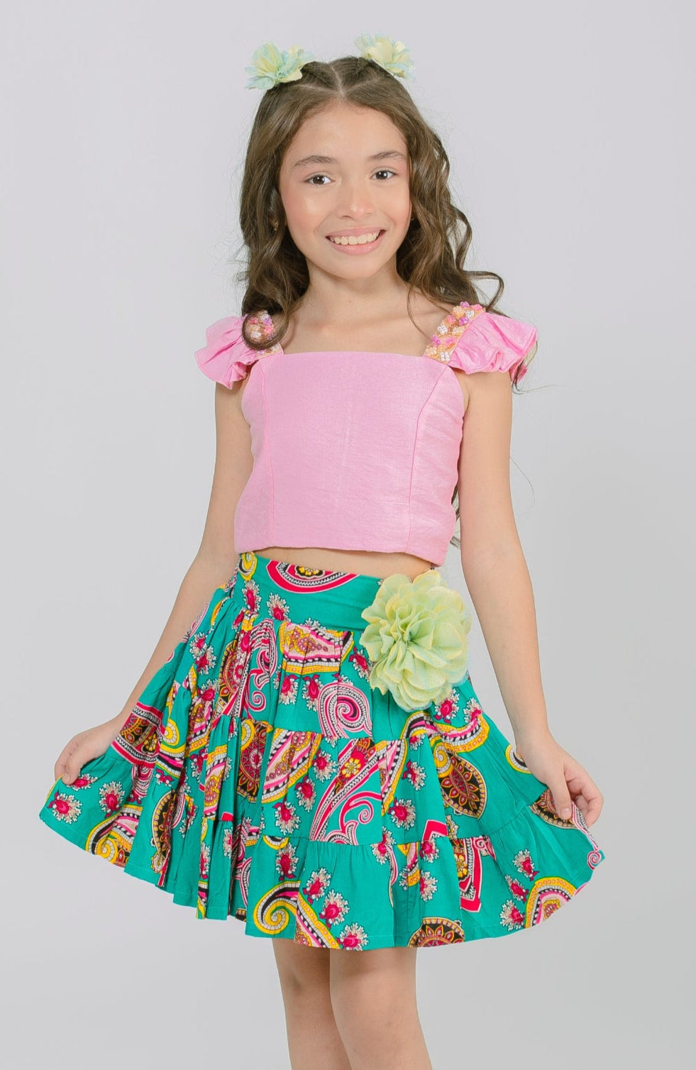 Conjunto Para Niña Falda Raices Rosa-Verde