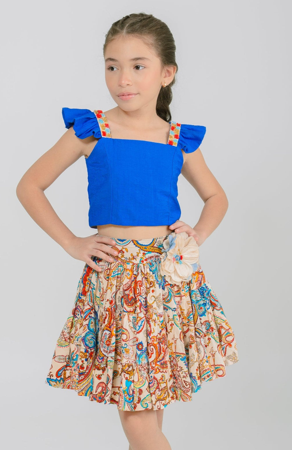 Conjunto Para Niña Falda Raices Azul-Beige